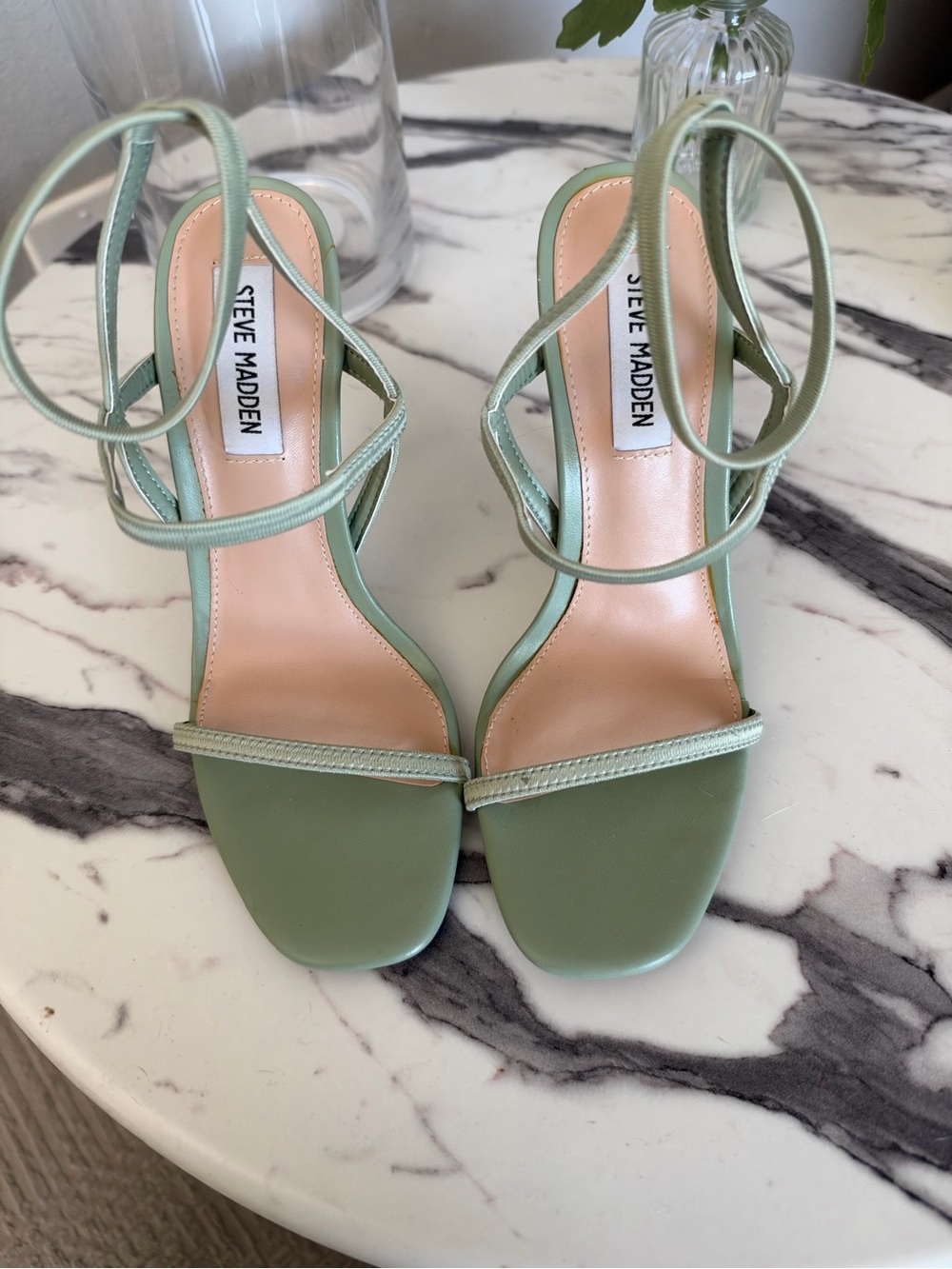 Steve Madden Sage Green Strappy Square-Toe Heels